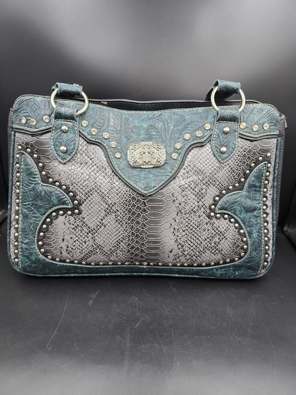 Teal and Gray Embossed Snake-Pattern Tote with Stud Accents